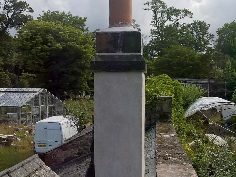 Bothy chimney with a coat of hot mix render